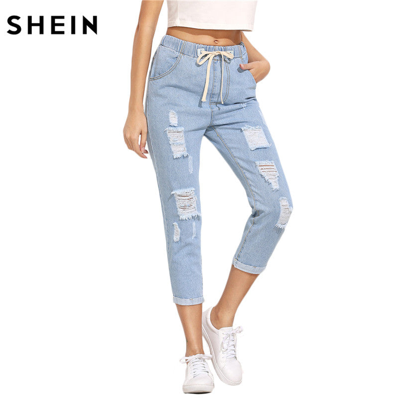 SHEIN Women Summer Pants Casual Trousers for Ladies Blue Ripped