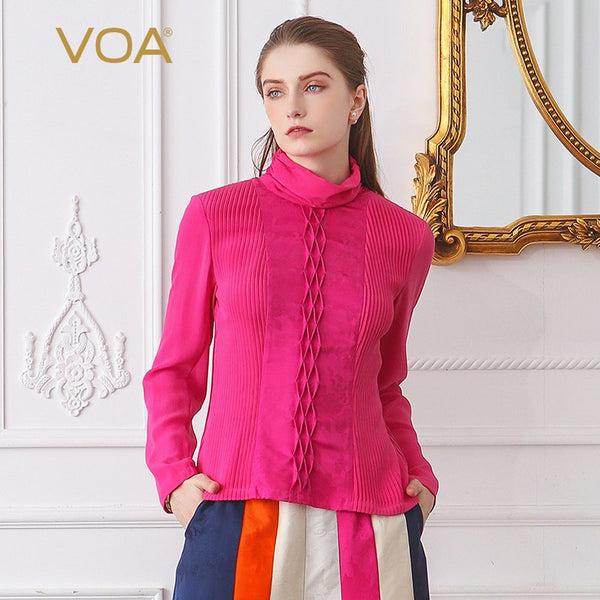 VOA Heavy Silk Crepe Georgette Plus Size Women Tops Vintage Rose Red Office Lady T Shirt Long Sleeve Casual Slim Tee BSX02201