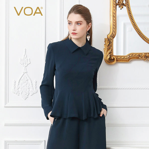 VOA Heavy Silk Office T Shirt Plus Size 5XL Women Tops Slim Tunic Pullover Solid Navy Blue Basic Formal Long Sleeve Ruffle B380