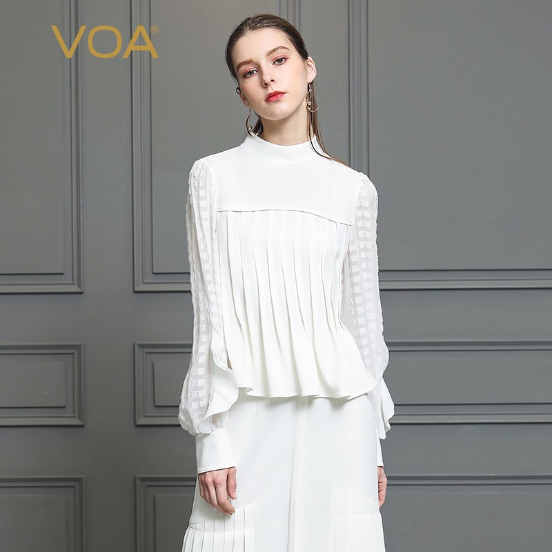 VOA Heavy Silk Tee White Pearl Clasp T Shirt Plus Size 5XL Women Tops Elegant Ruffle Slim Solid Lantern Long Sleeve B381