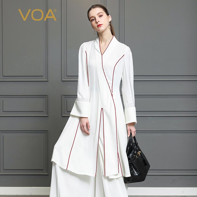 VOA Heavy Silk White Women Tops Kimono T Shirt Chinese Style Tee Vintage Harajuku Flare Long Sleeve Casual Pearl Clasp B312