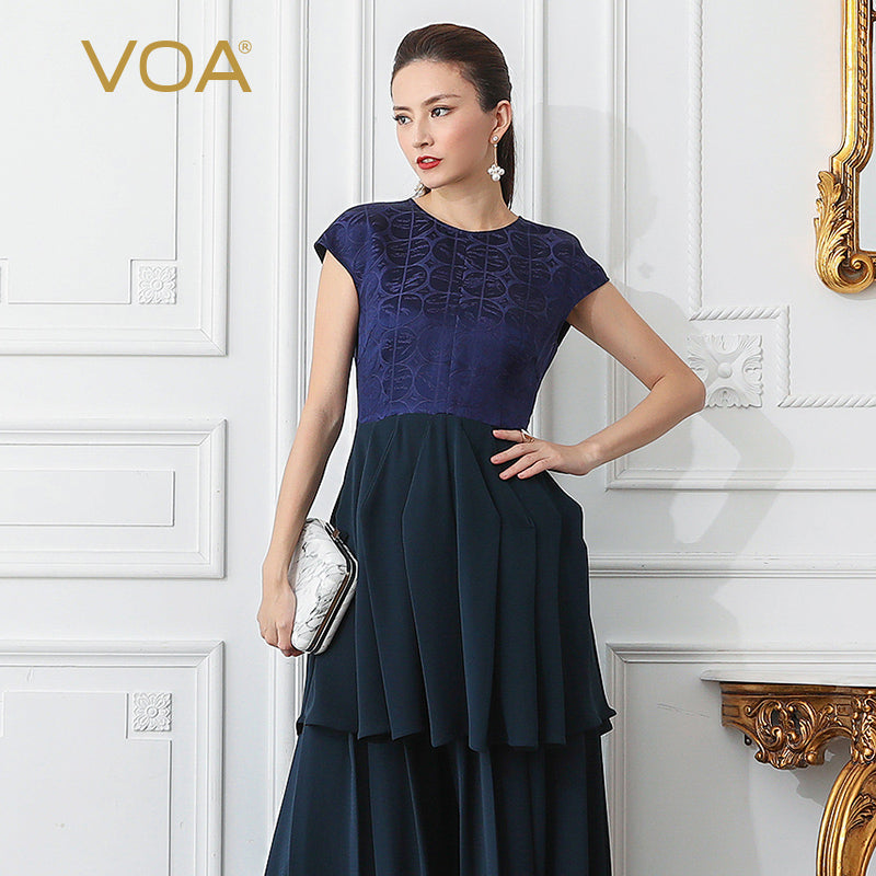 VOA Heavy Silk Women Tops T Shirt Plus Size 5XL Tee Basic Pullover Vintage Chinese Style Slim Navy Blue Summer Short Sleeve B516