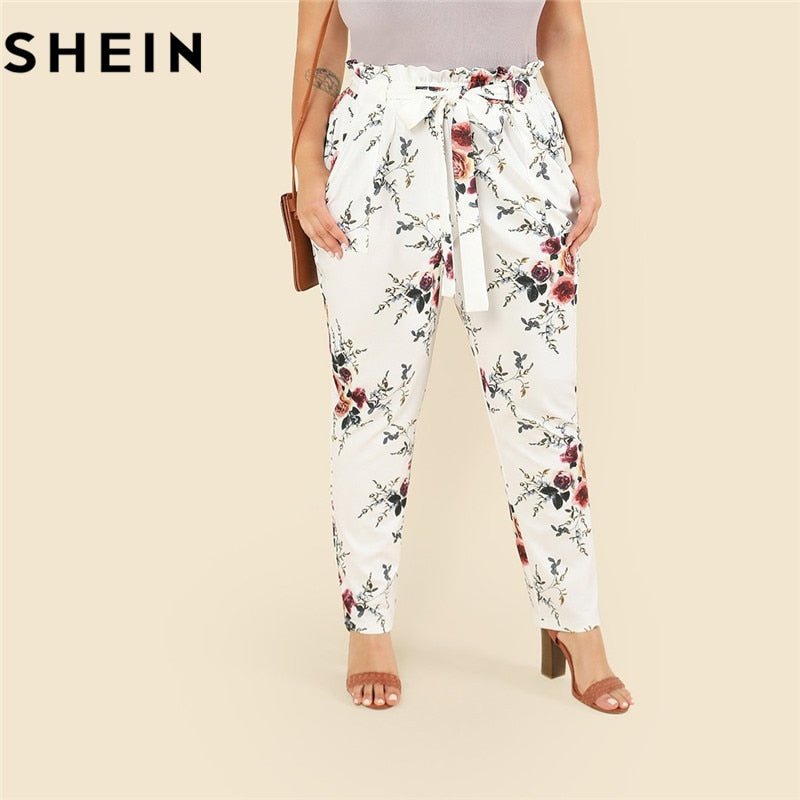 SHEIN Floral Print Casual Belted Ruffle Waist White Plus Size Women Pants 2018 Autumn Fashion Elegant Sashes Tapered Trousers