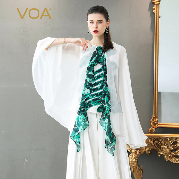 VOA Heavy Silk T Shirt Cloak Women Tops Pullover Tee White Plus Size 5XL Loose Casual Print Sexy Thin Irregular Summer B392