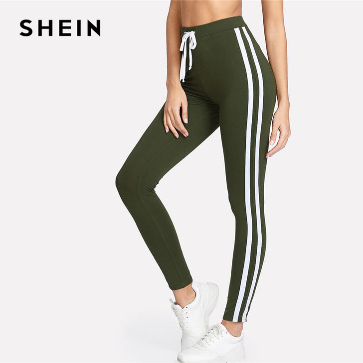 SHEIN Army Green Tape Side Leggings Women High Waist Drawstring Long Pants 2018 Spring Active Workout Leggings