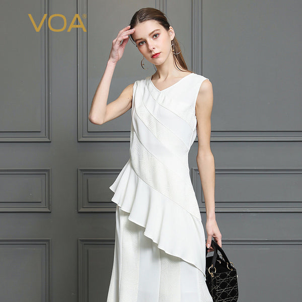 VOA Heavy Silk T Shirt White Women Tops Plus Size 5XL Office Basic V Neck Slim Sexy Irregular Summer Sleeveless Casual B527
