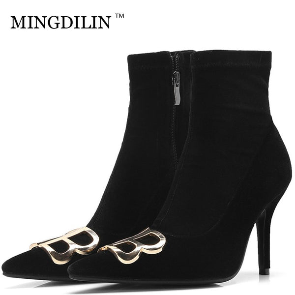 MINGDILIN Autumn Winter Women's High Heels Martin Boots Woman Shoes Pointed Toe Ankle Boots Metal Decoration Chelsea Boots Black